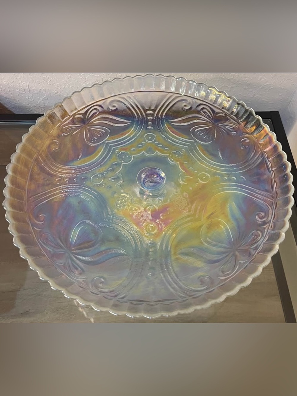 Large Iridescent Glass Cake Stand Pedestal 12”diameter 4” Tall